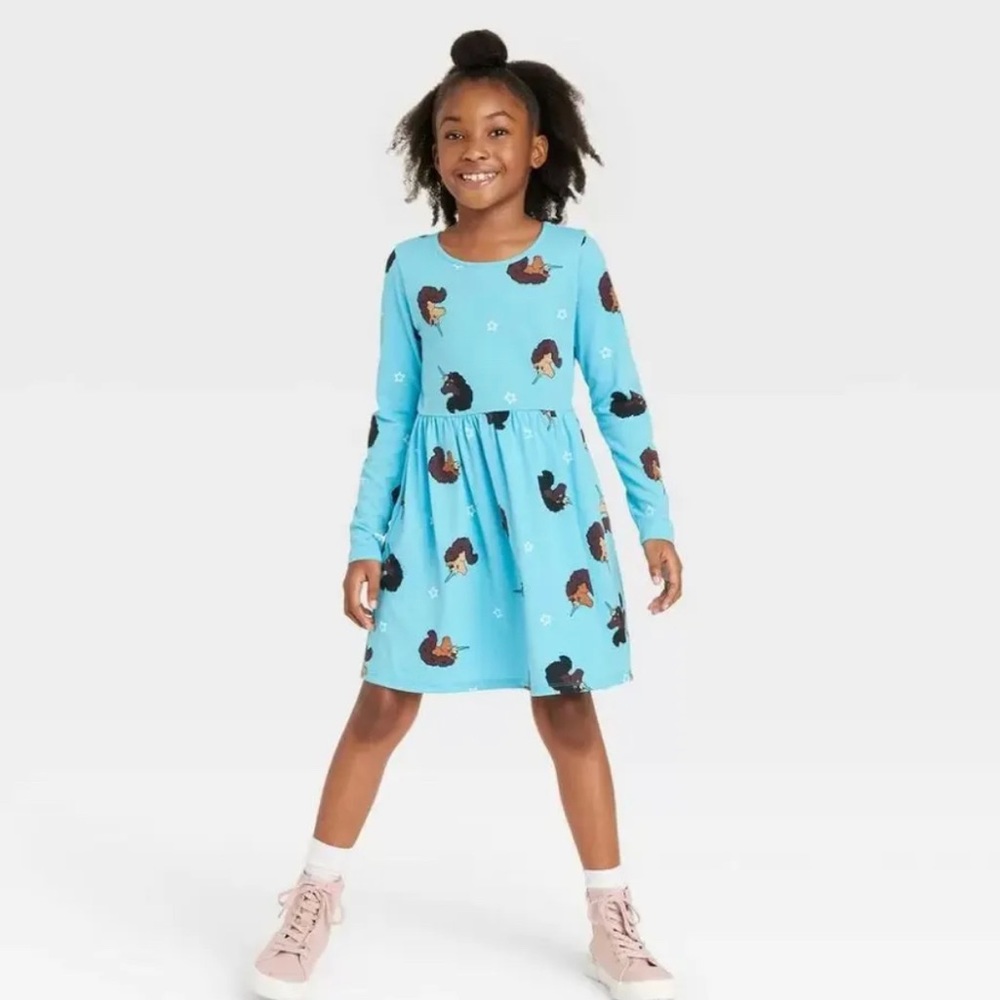Afro Unicorn Long Sleeve Skater Dress
